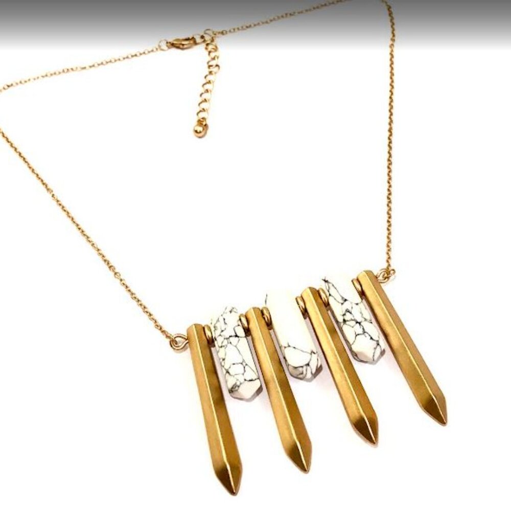 Bloomingdale's Aqua Howlite Matte Gold Stick Fringe Statement Necklace NWT 38